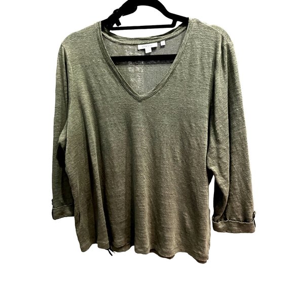 Chico’s size 3/XL army green 100% linen 2/3 button cuff sleeve v neck top - Picture 1 of 7